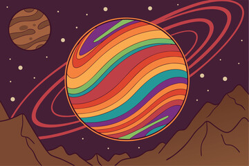 Retro Psychedelic Saturn with Rings Over Mountains and Starry Sky 70s Space Art