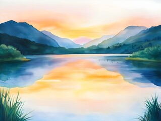Serene Mountain Lake at Sunset in Watercolor, Generative AI