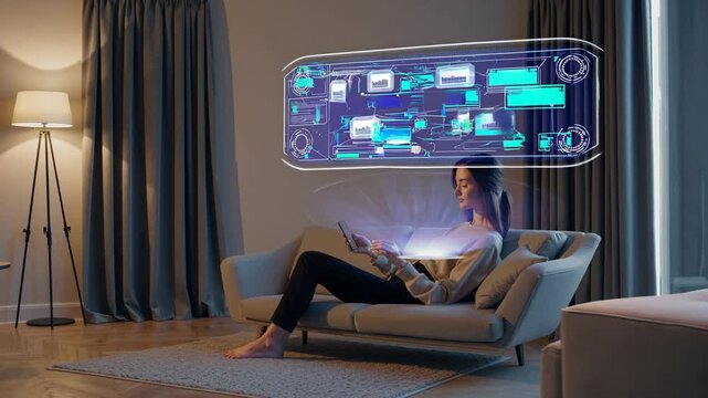 Woman reclines on sofa while lounge hologram projects interactive content, lounge hologram merges comfort and digital world, lounge hologram fosters relaxing vibe. Concept modern respite