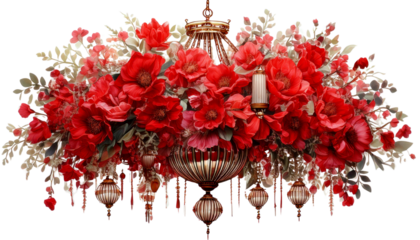 A luxurious floral chandelier design featuring a lavish arrangement of vibrant red flowers, elegant white foliage, and intricate golden cage-like lanterns with hanging crystal embellishments Png