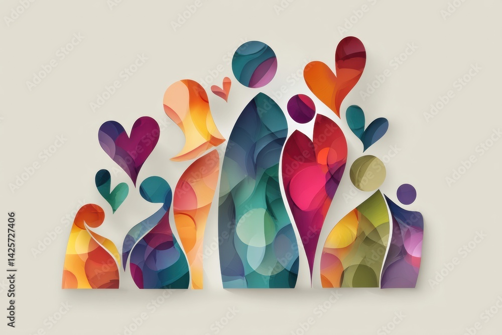 Poster colorful hug icon created from abstract human shapes and vibrant hearts expressing love and unity