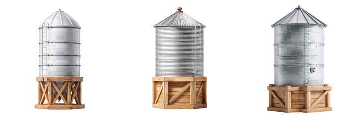 Vintage-Style Metal Silos with Wooden Bases Perfect for Rustic Farm Decor and Agricultural Settings