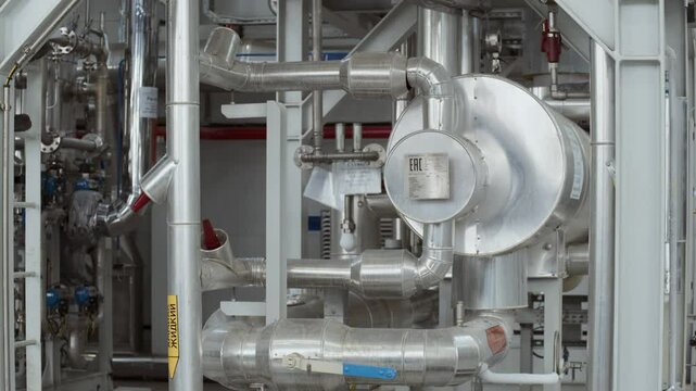 Close up of shiny clean pipe with elbow, branch and valve. Pipe flange joint