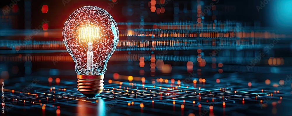 Poster polygon lightbulb featuring business network technology concept. a glowing light bulb on a digital c