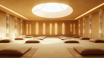 An elegant meditation room with a grand circular skylight spilling natural light onto a collection of soft floor cushions arranged symmetrically