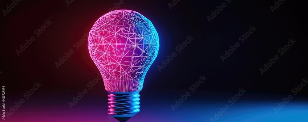 Poster polygon lightbulb showing technology-driven lamp concept. illuminated light bulb with vibrant neon c