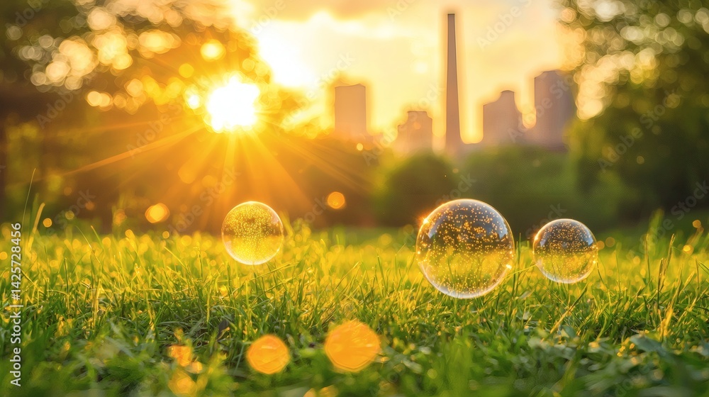 Poster H2 bubbles replacing smoke from factory chimneys in a metaphorical scene conceptual photography Stock Photo with side copy space