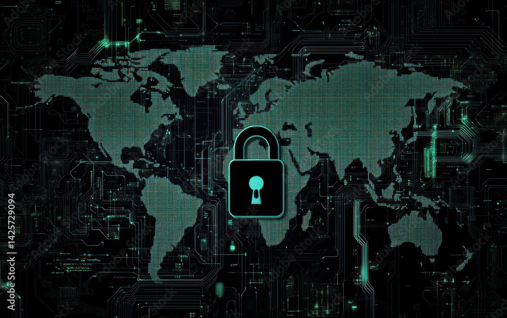 Poster world map with a padlock security symbol representing global data protection.
