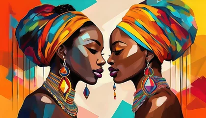 Fototapeten Vibrant African Women adorned with Colorful Headwraps and Jewelry in an Abstract Artwork, Showcasing the Rich Cultures of Africa, Embracing a Spirit of Strength and Empowerment. © netsay