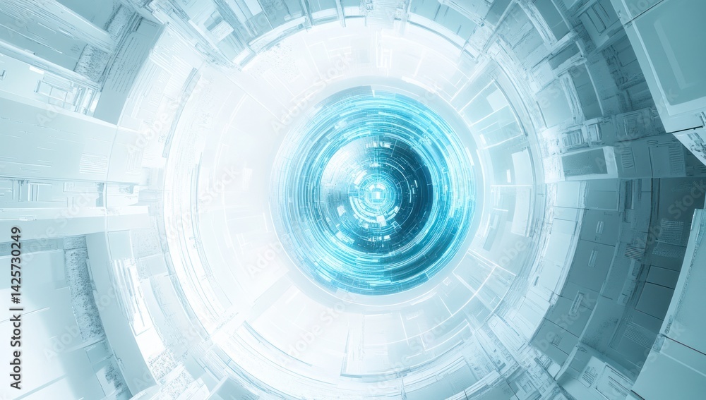 Poster abstract futuristic tunnel with bright light effect and circular geometric patterns.