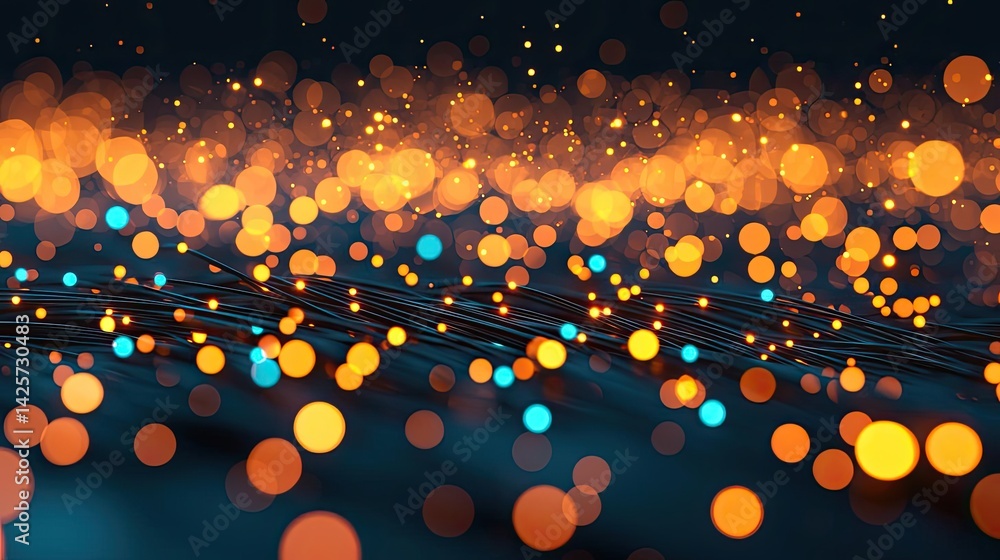 Poster lights of glowing fiber optic cables with macro soft focusing concept. vibrant bokeh lights create a