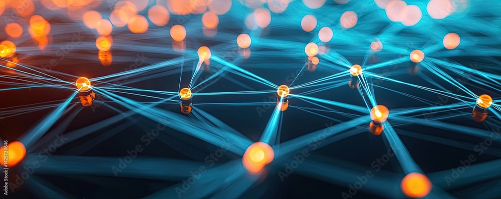 Aufkleber lights of glowing fiber optic cables with high-tech macro concept. abstract digital network with glo