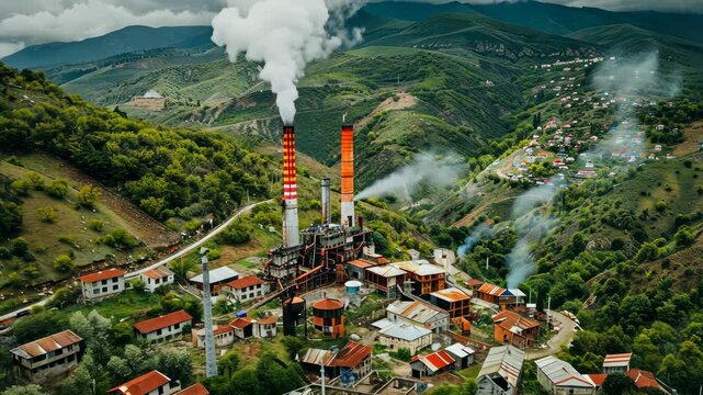 Coal power generation occurs in a mountainous region of Azerbaijan, with smoke rising from tall chimneys surrounding peaceful villages