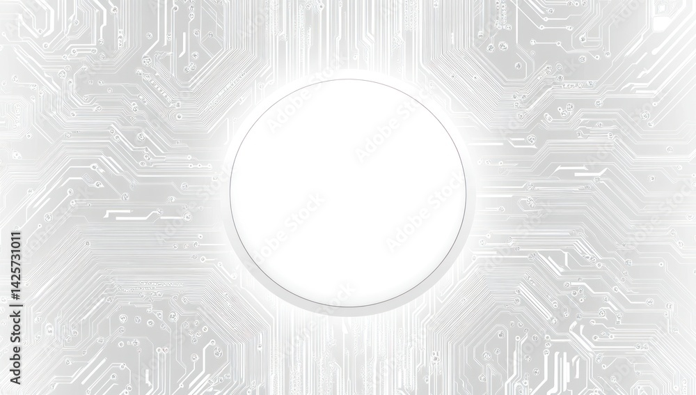 Poster abstract white background with a central circle and circuit board pattern.