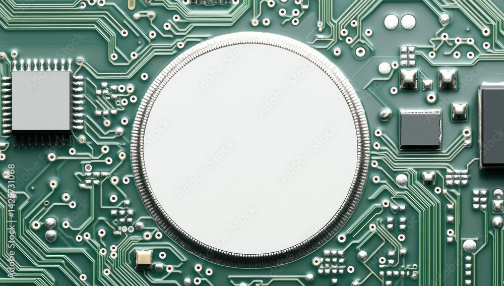 Poster close-up of a green circuit board with a round battery and components.
