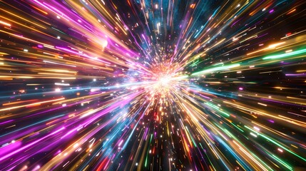 Fototapeta premium Futuristic tunnel of glowing light beams, sci-fi portal with radiant energy streaks, abstract digital corridor for technology or cosmic themes – HD, wallpaper, banner
