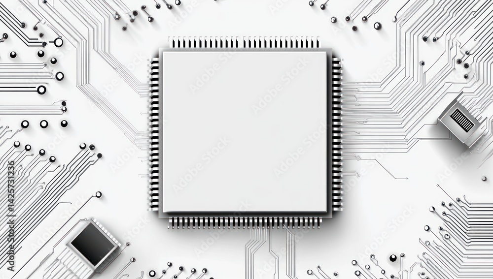 Poster a central processing unit chip on a circuit board with electronic components.