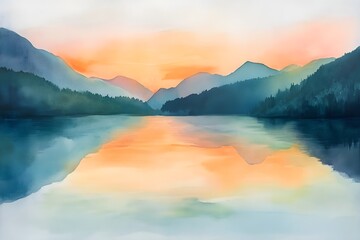 Serene Mountain Lake at Sunset in Watercolor, Generative AI