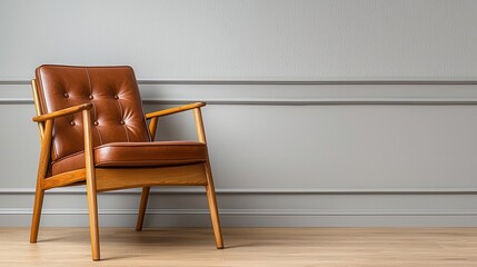Stylish interior living room modern retro Stylish brown chair against a textured grey wall.