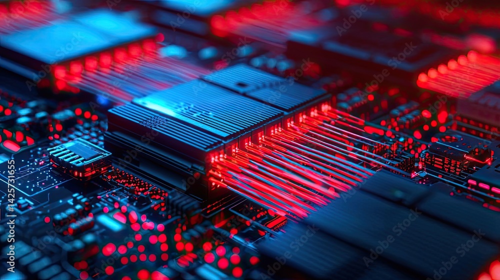 Poster lights of glowing fiber optic cables with macro soft focusing concept. futuristic computer circuit b