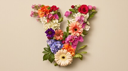 Obraz premium Colorful Floral Letter V Arrangement on Soft Neutral Background