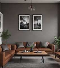 Grey wall backdrop, brown leather sofa, sleek wooden dining table, black & white framed prints, elegant setting,  elegant style,  furniture,  chic apartment