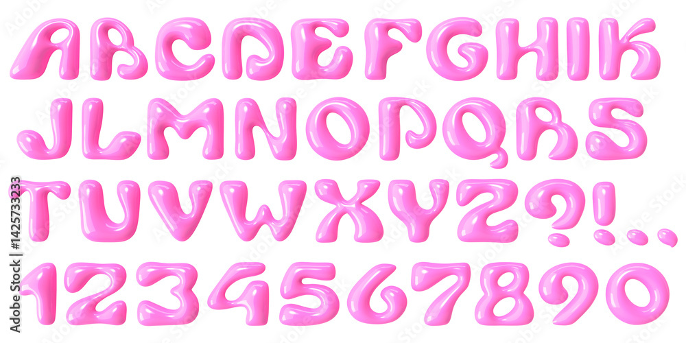 Fototapete bold bubble font. pink plastic typescript. y2k alphabet. groovy letters and numbers. 3d display font