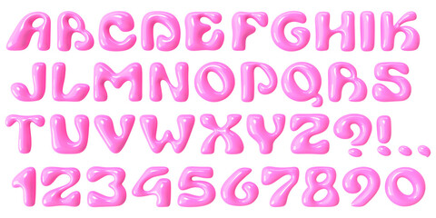 Bold bubble font. Pink plastic typescript. Y2K alphabet. Groovy letters and numbers. 3D display font. Three-dimensional round typeface isolated on transparent background