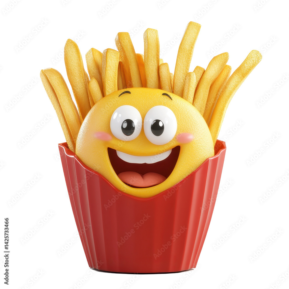 Poster smiling cartoon character with fries in a red container creates a cheerful atmosphere in a playful s