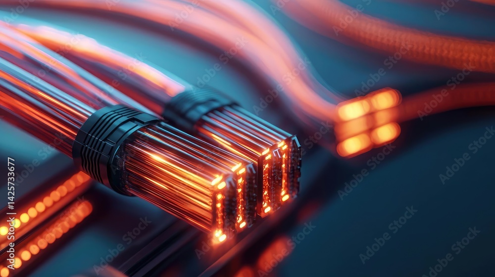 Poster lights of glowing fiber optic cables with high-tech macro concept. close-up of glowing cables in an 