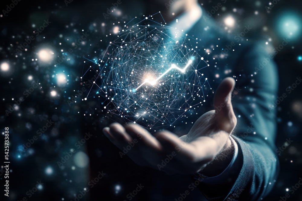 Poster man in suit holds glowing graph surrounded by sparkling light effects.