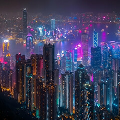 Fototapeta premium Night view of vibrant city skyline, harbor lights, distant mountains, illustrating urban density