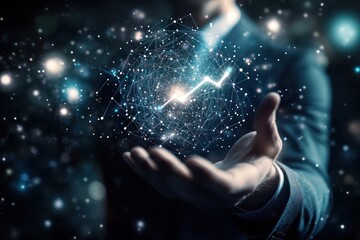 Man in suit holds glowing graph surrounded by sparkling light effects.