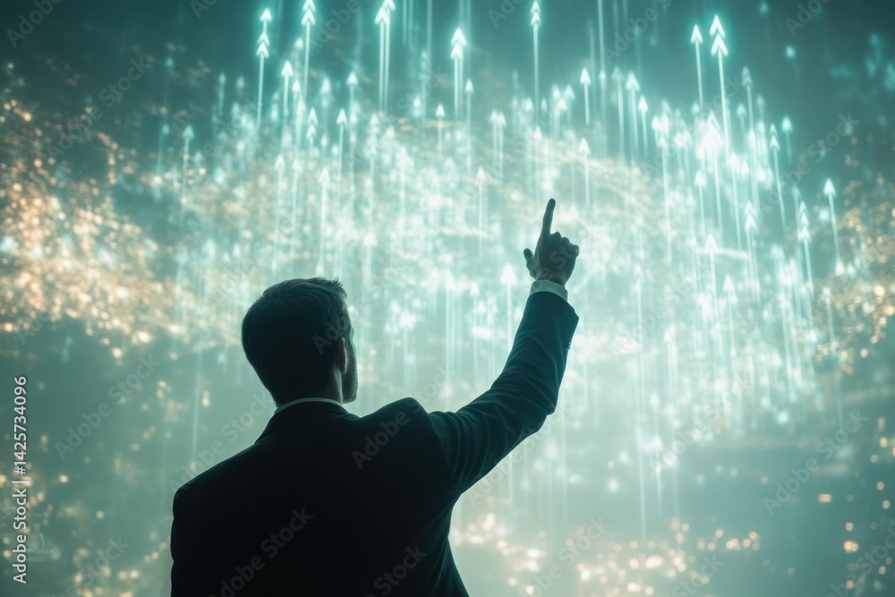 Aufkleber back view of a person in suit pointing up at abstract glowing lights.