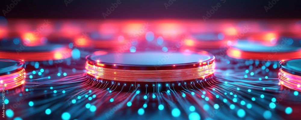 Poster lights of glowing fiber optic cables with high-tech macro concept. futuristic close-up of glowing ci