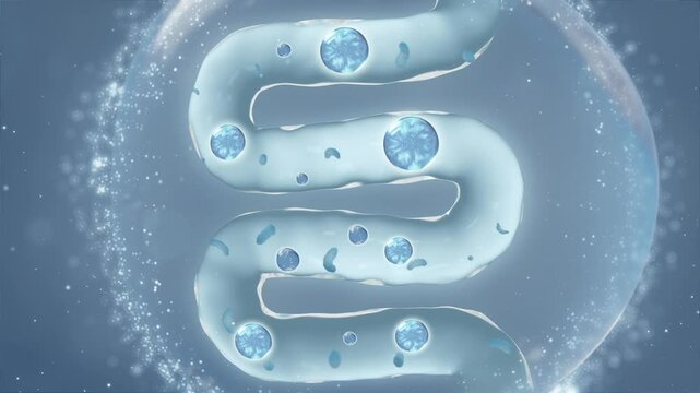 Intestinal probiotics aid digestion, promote intestinal peristalsis, activate intestinal motility, and remove toxins. Intestinal and digestive system health concept, 3D animation.