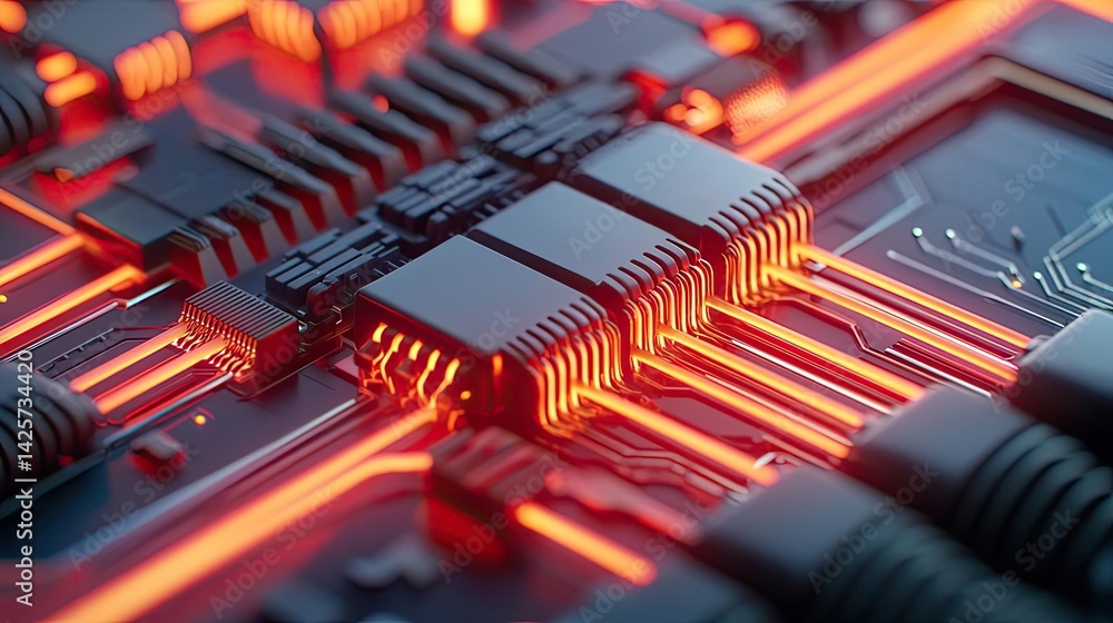 Poster lights of glowing fiber optic cables with macro soft focusing concept. close-up view of a modern cir