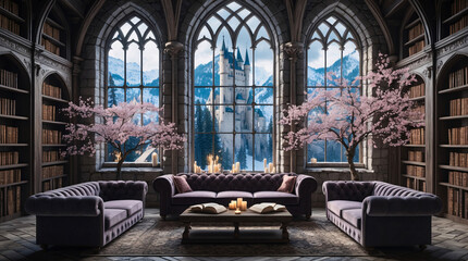 Obraz premium cozy and charming gothic library with plush velvet seating cherry blossom tree and fireplace towering bookshelves with sweeping mountain view outside windows