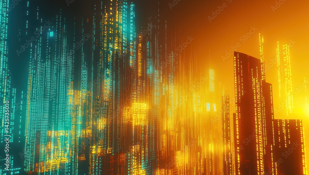 Poster abstract image showing a cityscape with digital code overlayed in blue and orange.