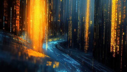 Abstract digital landscape with glowing orange and blue light streams and reflections.