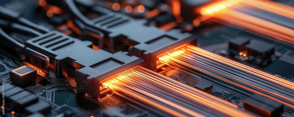 Poster lights of glowing fiber optic cables with high-tech macro concept. close-up of glowing data cables o