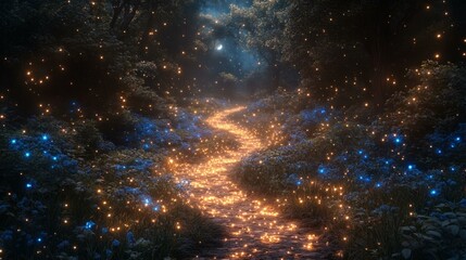Enchanted Forest Path at Night with Glowing Lights and Moonlight