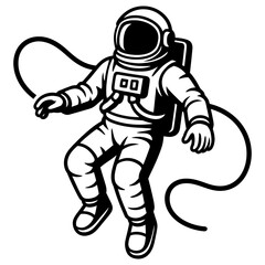 Vector illustration of an astronaut in a spacesuit floating in space, connected by a tether, in black and white. Represents space exploration, science, and a graphic style.