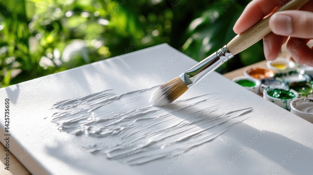 Poster Artistic Creation with Brush on Blank Canvas and Green Background