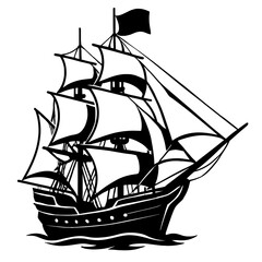 Vector illustration of a carrack, a type of large sailing ship from the 15th and 16th centuries, in black and white with detailed rigging and sails. Represents historical seafaring, exploration © Mr. Designer