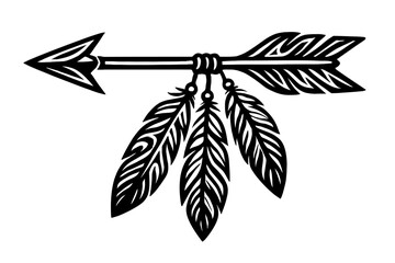 Vector illustration of a Native American arrow in black and white, featuring a detailed arrowhead, shaft, and three hanging feathers. Represents indigenous culture, history, and a graphic design eleme