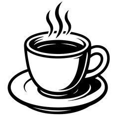 Vector illustration of a steaming coffee cup sitting on a saucer in black and white. Represents coffee, hot beverages, morning routine, and a simple graphic.