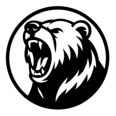 Vector illustration of a bear's head in black and white, depicted roaring with its mouth open and teeth showing, enclosed within a circle. Represents wildlife, strength, power, and a bold graphic styl