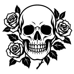 Vector illustration of a human skull in black and white, adorned with three roses and leaves. Represents themes of mortality, beauty, contrast, and a gothic or tattoo-inspired graphic style.