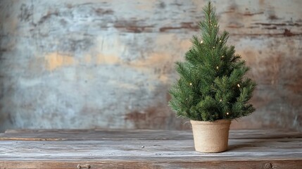 Small Christmas tree in pot on wooden table against rustic textured backdrop
